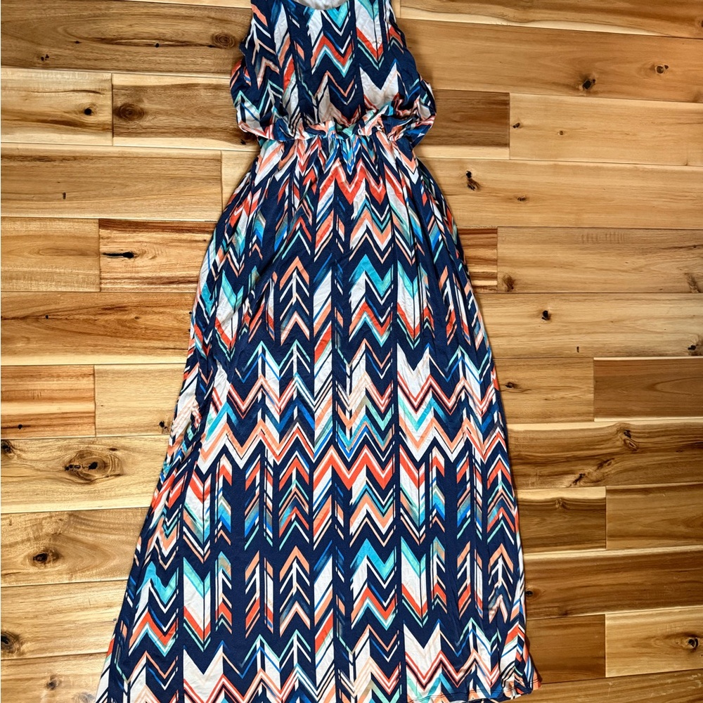 Chevron Maxi Dress in Navy, Coral, Teal